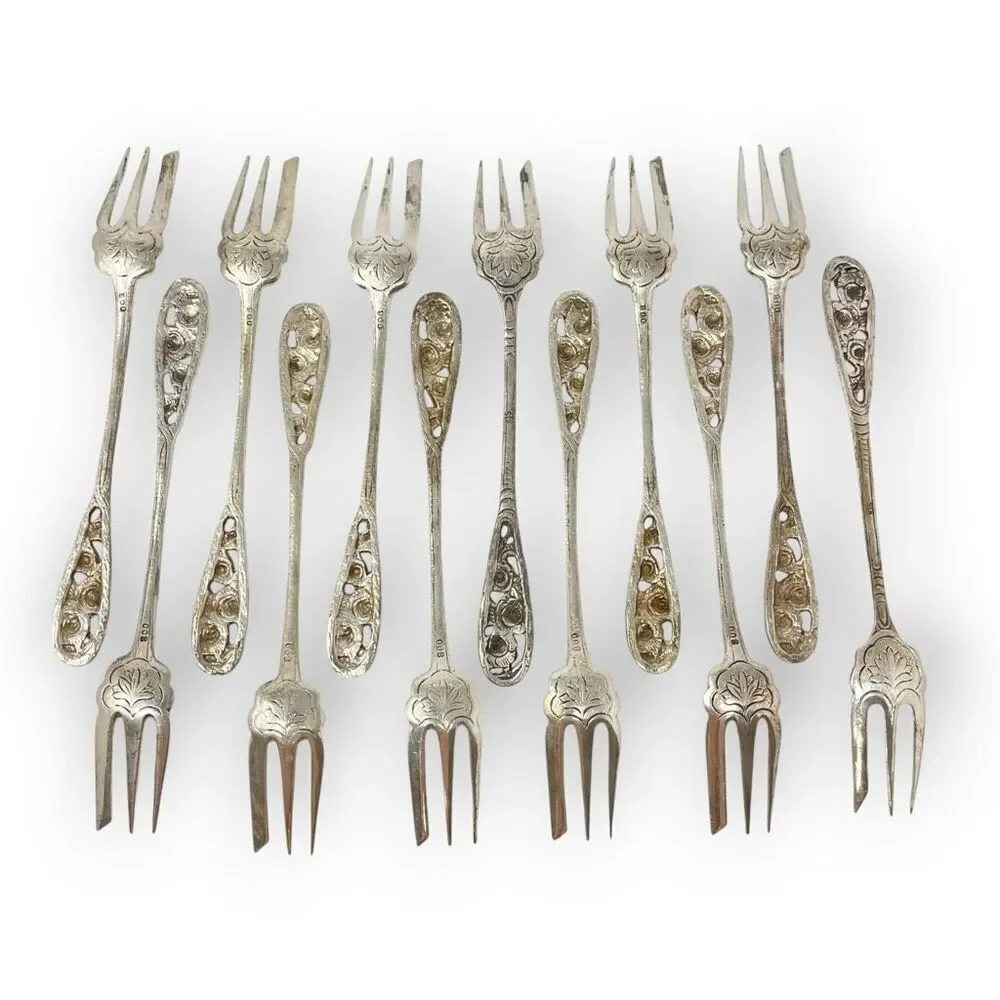 Silver 800 835 Dessert Pastry Mini Forks Fork Lot of 12 Floral Ornate Rose 5.5”